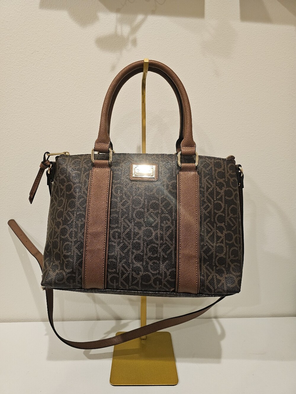 EUC Monogram Calvin Klein Pattern Brown Satchel Tote Bag with Shoulder Strap